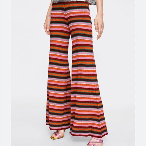ZARA Trousers SHIMMERY Thread STRIPED KNIT Special Edition L Pants Disco… - Picture 2 of 11